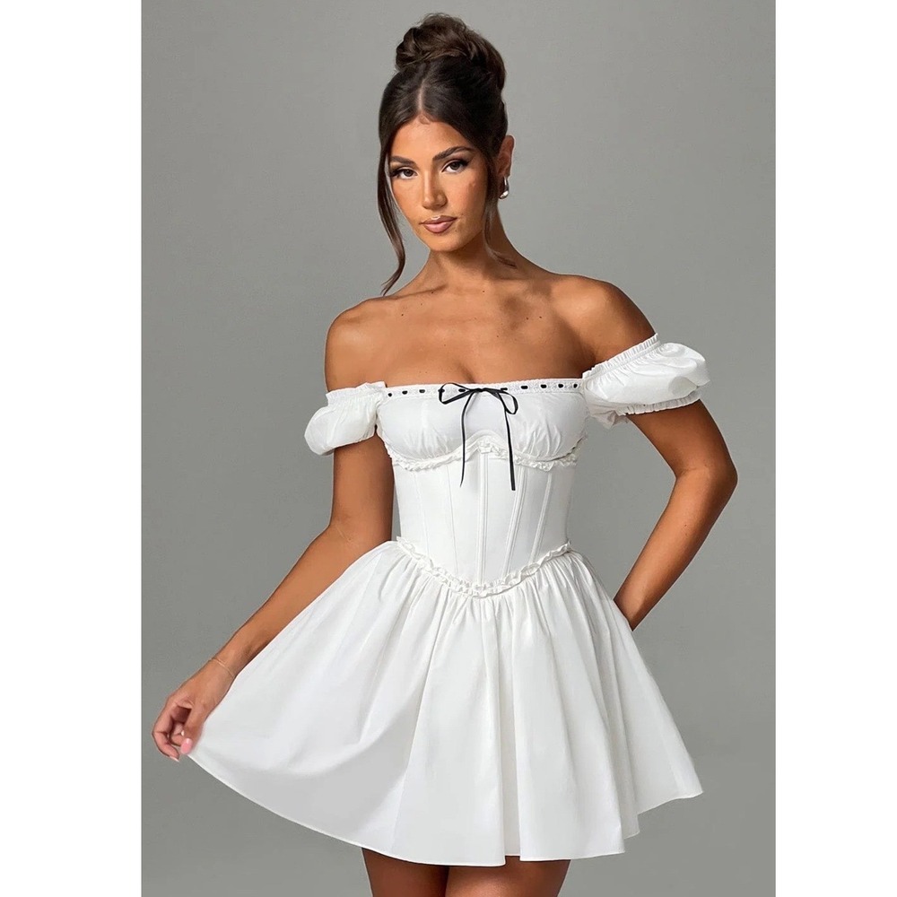 White Black‎ Corset Milk Maid Mini Dress Off Shoulder Lace Up Size Med